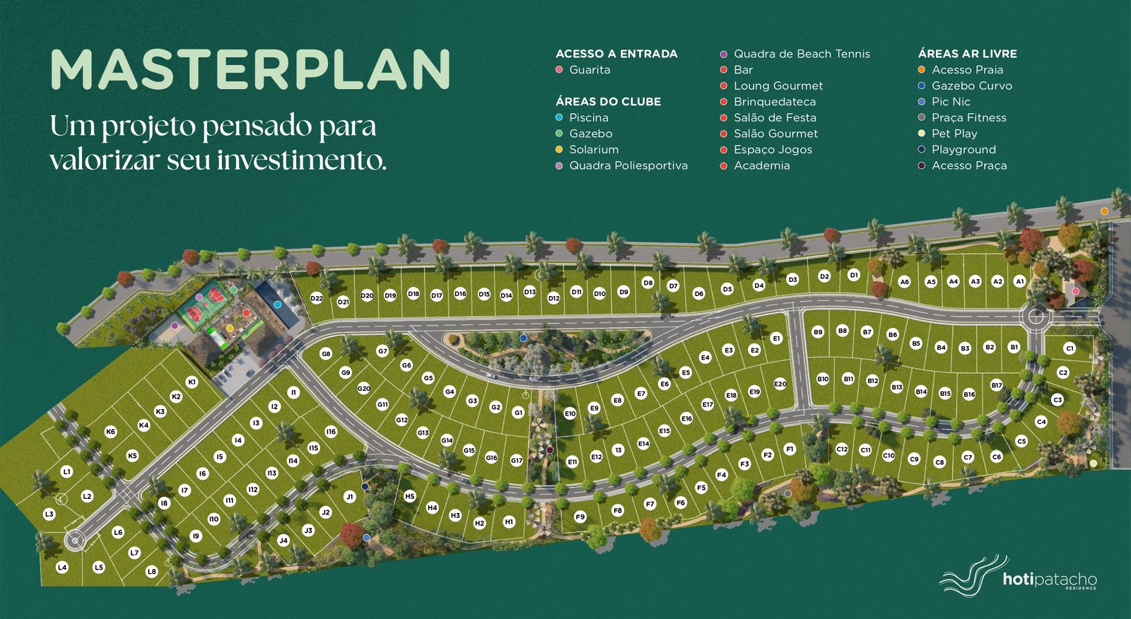 Masterplan do Hoti Patacho Residence com o traçado completo dos lotes, quadras, clube e áreas de lazer